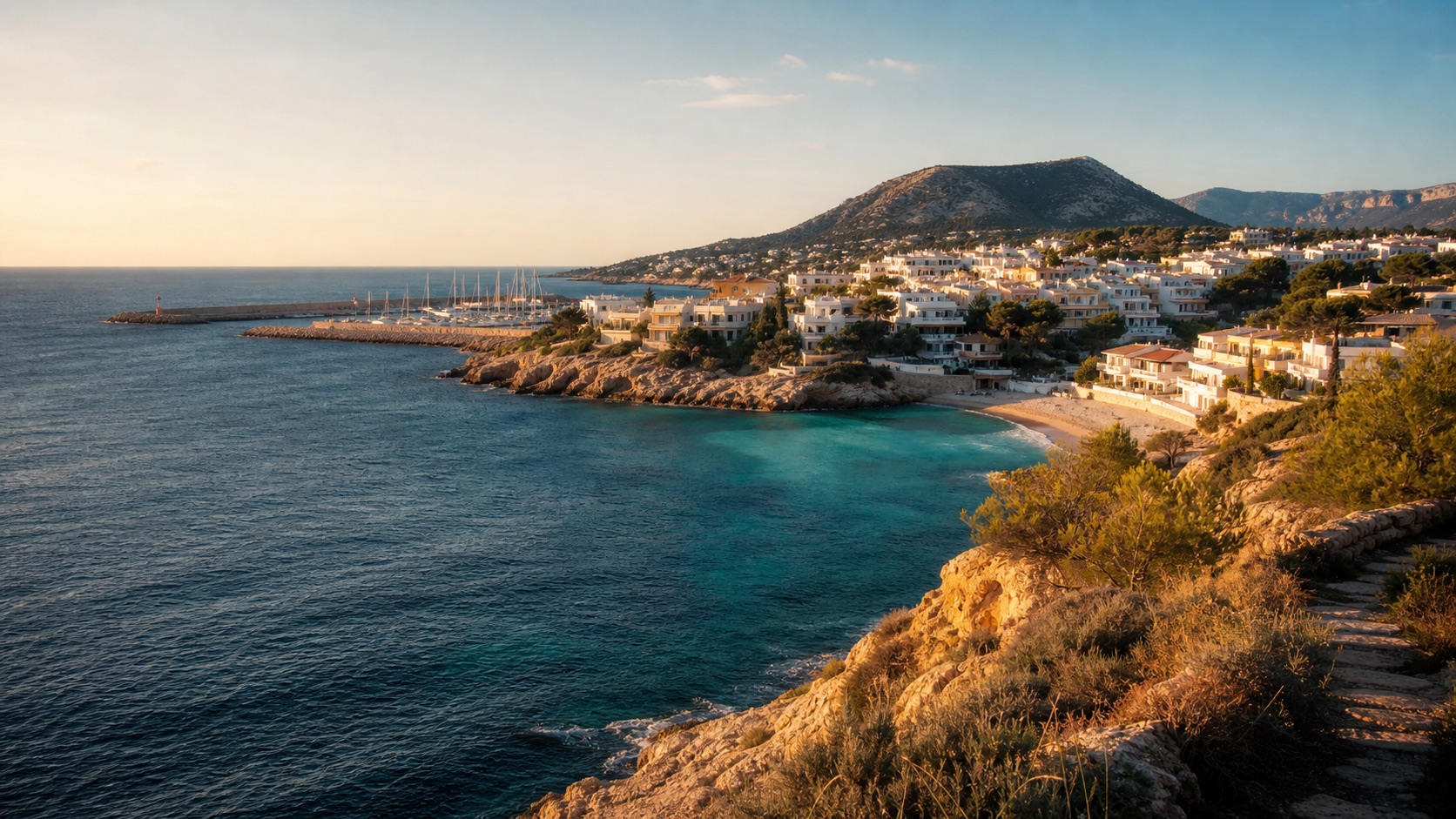 Een mediterrane baai bij Moraira in warm avondlicht